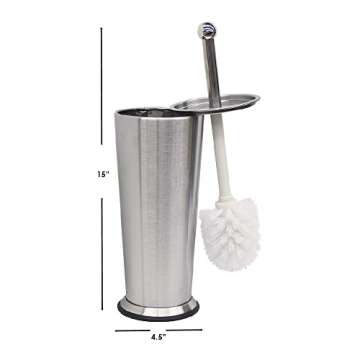 Home Basics Brushed Stainless Steel Contemporary Toilet Brush Set (Silver) Metal Toilet Bowl Brush and Holder | Holders for Bathrooms | with Non-Skid Base