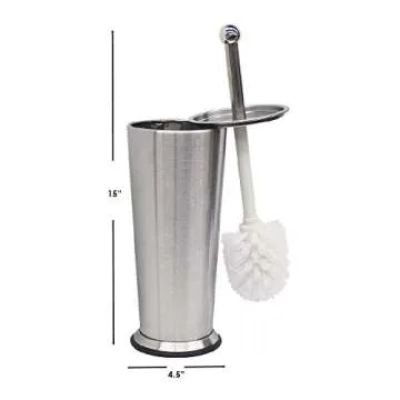 Home Basics Brushed Stainless Steel Contemporary Toilet Brush Set (Silver) Metal Toilet Bowl Brush and Holder | Holders for Bathrooms | with Non-Skid Base