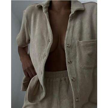Lunoakvo Women's Fleece Short Sleeve Button Down Collar Shorts Two Piece Pajama Set Nightwear Sleepwear Beachwear Khaki