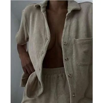 Lunoakvo Women's Fleece Short Sleeve Button Down Collar Shorts Two Piece Pajama Set Nightwear Sleepwear Beachwear Khaki