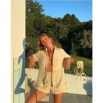 Lunoakvo Women's Fleece Short Sleeve Button Down Collar Shorts Two Piece Pajama Set Nightwear Sleepwear Beachwear Khaki