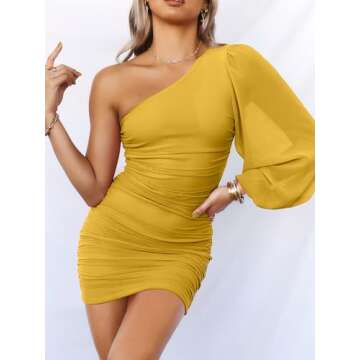 ANRABESS Women One Shoulder Ruched Bodycon Mini Dress Puff Long Sleeve Sexy Cocktail Party Formal We...