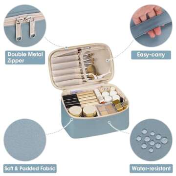 Narwey Travel Makeup Bag with Brush Compartments，Portable Cosmetic Bag，Make up Bag Makeup Organizer Case with Brush Storage for Women (Greyish Blue)