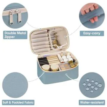 Narwey Travel Makeup Bag with Brush Compartments，Portable Cosmetic Bag，Make up Bag Makeup Organizer Case with Brush Storage for Women (Greyish Blue)