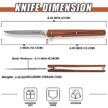 Carimee Pocket Folding Knife, With Wooden Handle, 5Cr15Mov Steel Blade, Outdoor EDC Gentlemen Knife, 2024 Gifts for Men and Women