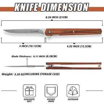 Carimee Pocket Folding Knife, With Wooden Handle, 5Cr15Mov Steel Blade, Outdoor EDC Gentlemen Knife, 2024 Gifts for Men and Women