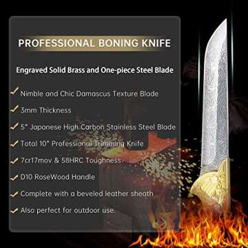 Purple Dragon Boning Knife 5" Japanese Steel Professional Fillet Knife with Sheath,Trimming Knife with Elegant Blade,Sharp Knife for Meat,Fish,Camping,with Gift Box