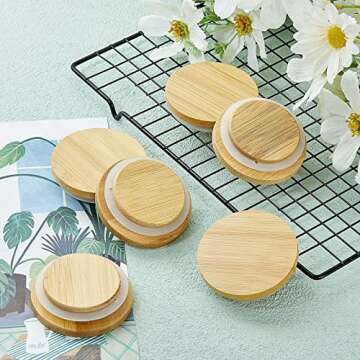 Sawysine Yogurt Jar Lids Set Reusable Bamboo Wooden Round Canning Lids with Silicone Sealing Rings Compatible with Oui Yogurt Jars Not Included(12 Pack)