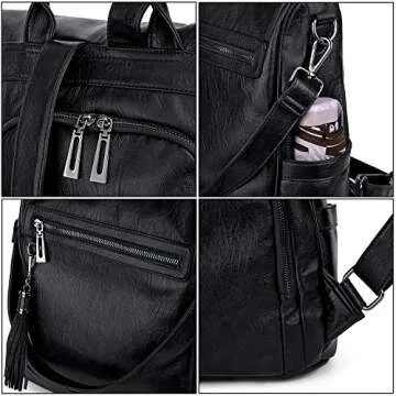 UTO Women Anti-Theft Backpack Purse PU Washed Leather Ladies Tassels Convertible Rucksack Shoulder Bag Black