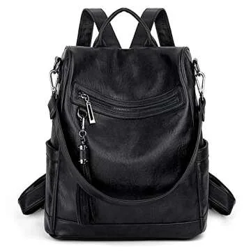 UTO Women Anti-Theft Backpack Purse PU Washed Leather Ladies Tassels Convertible Rucksack Shoulder Bag Black