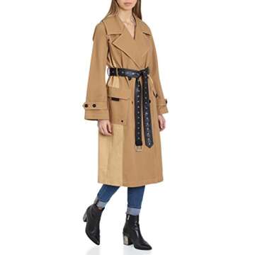 Avec Les Filles Women's Belted Cotton Mid Length Trench Coat with Color Block Panels