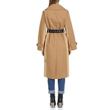 Avec Les Filles Women's Belted Cotton Mid Length Trench Coat with Color Block Panels