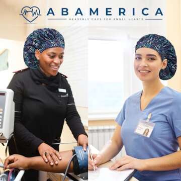 ABAMERICA Bouffant Caps with Button and Sweatband, Adjustable Scrub Caps for Women Men, Satin Layer