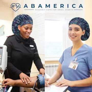 ABAMERICA Bouffant Caps with Button and Sweatband, Adjustable Scrub Caps for Women Men, Satin Layer