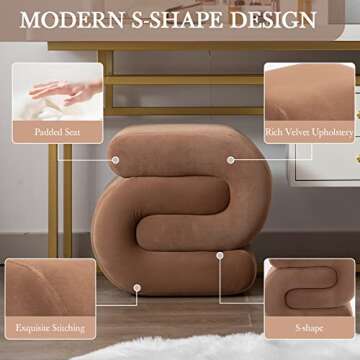 LETESA Modern Velvet Upholstered Ottoman, Exquisite Small End Table, Soft Foot Stool with S-Shape, Dressing Makeup Chair, Comfortable Seat for Living Room, Bedroom, Entrance (Coffee, S-Shape)