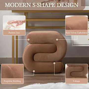 LETESA Modern Velvet Upholstered Ottoman, Exquisite Small End Table, Soft Foot Stool with S-Shape, Dressing Makeup Chair, Comfortable Seat for Living Room, Bedroom, Entrance (Coffee, S-Shape)