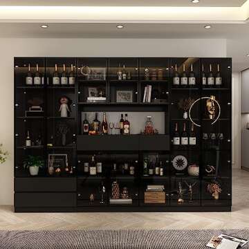 Hitow Tall Bookcase Bookshelf with Glass Doors and Lights, Large Display Shelf Organizer Set with Hutch, Library Bookshelf with 5-Tier Shelves & Drawers, for Living Room Home Office, Black (110.2" W)