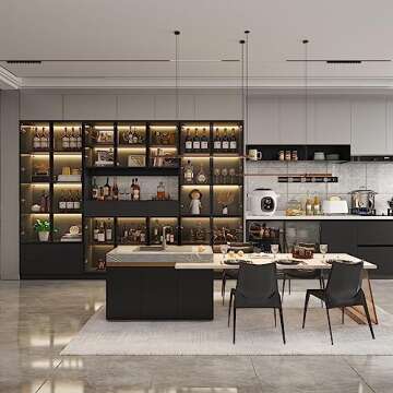 Hitow Tall Bookcase Bookshelf with Glass Doors and Lights, Large Display Shelf Organizer Set with Hutch, Library Bookshelf with 5-Tier Shelves & Drawers, for Living Room Home Office, Black (110.2" W)