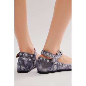 Oakmoo Women's Stud Mary Jane Flats Metallic Square Toe Ballet Flats Ankle Buckle Strap Comfy Ballerina Shoes