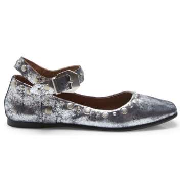 Oakmoo Women's Stud Mary Jane Flats Metallic Square Toe Ballet Flats Ankle Buckle Strap Comfy Ballerina Shoes