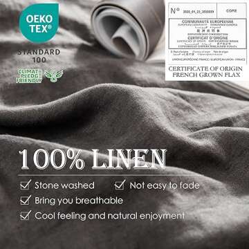 Simple&Opulence 100% Linen Duvet Cover Set 3pcs Basic Style Natural French Washed Flax Solid Color Soft Breathable Farmhouse Bedding with Button Closure - Dark Grey, Queen