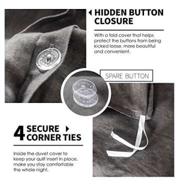 Simple&Opulence 100% Linen Duvet Cover Set 3pcs Basic Style Natural French Washed Flax Solid Color Soft Breathable Farmhouse Bedding with Button Closure - Dark Grey, Queen