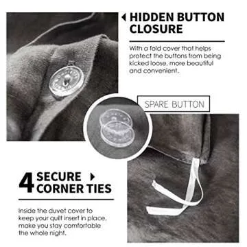 Simple&Opulence 100% Linen Duvet Cover Set 3pcs Basic Style Natural French Washed Flax Solid Color Soft Breathable Farmhouse Bedding with Button Closure - Dark Grey, Queen