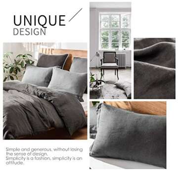Simple&Opulence 100% Linen Duvet Cover Set 3pcs Basic Style Natural French Washed Flax Solid Color Soft Breathable Farmhouse Bedding with Button Closure - Dark Grey, Queen