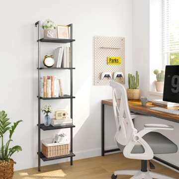 ELYKEN Ladder Shelf, 5-Tier Wood Wall Mounted Bookshelf with Metal Frame, Vintage Open Display Organ...