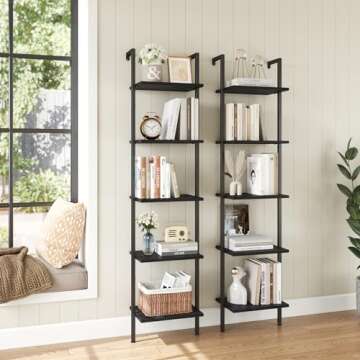 ELYKEN Ladder Shelf, 5-Tier Wood Wall Mounted Bookshelf with Metal Frame, Vintage Open Display Organizer Rack, Leaning Storage Shelves for Living Room, Bedroom, Home Office, Black