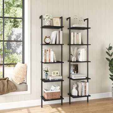 ELYKEN Ladder Shelf, 5-Tier Wood Wall Mounted Bookshelf with Metal Frame, Vintage Open Display Organizer Rack, Leaning Storage Shelves for Living Room, Bedroom, Home Office, Black
