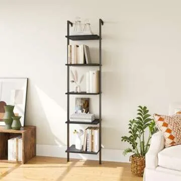 ELYKEN Ladder Shelf, 5-Tier Wood Wall Mounted Bookshelf with Metal Frame, Vintage Open Display Organizer Rack, Leaning Storage Shelves for Living Room, Bedroom, Home Office, Black
