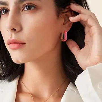 Huggie Hoop Earrings for Women, 18K Gold Plated Colorful Enamel Huggie Earrings Small Hypoallergenic Cute Jewelry Gifts (Light Pink)