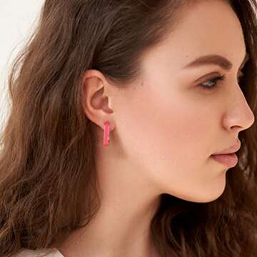 Huggie Hoop Earrings for Women, 18K Gold Plated Colorful Enamel Huggie Earrings Small Hypoallergenic Cute Jewelry Gifts (Light Pink)