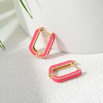 Huggie Hoop Earrings for Women, 18K Gold Plated Colorful Enamel Huggie Earrings Small Hypoallergenic Cute Jewelry Gifts (Light Pink)