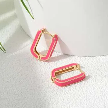 Huggie Hoop Earrings for Women, 18K Gold Plated Colorful Enamel Huggie Earrings Small Hypoallergenic Cute Jewelry Gifts (Light Pink)