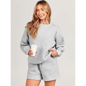 ANRABESS Women 2 Piece Outfits Sweat Shorts Sets 2025 Oversized Casual Lounge Matching Set Sweatsuit Tracksuit Clothes Light Grey X-Small
