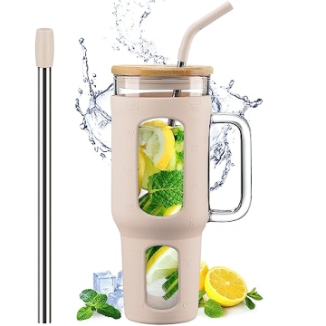 WINSA 46oz Glass Tumbler with Bamboo Lid and Straws - Amber