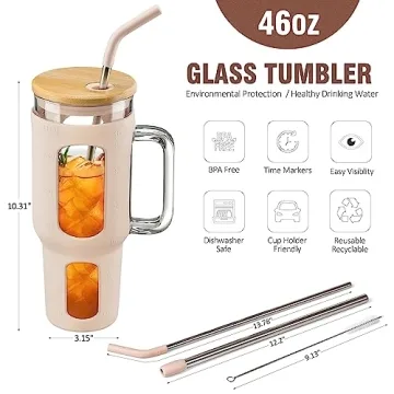 WINSA 46oz Glass Tumbler with Lid and Straw