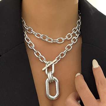 Rumtock 2pcs Silver Layered Chunky Chain Choker Necklace with Toggle Clasp Rectangle Oval Pendant Pu...