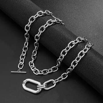 Rumtock 2pcs Silver Layered Chunky Chain Choker Necklace with Toggle Clasp Rectangle Oval Pendant Punk Jewelry for Women