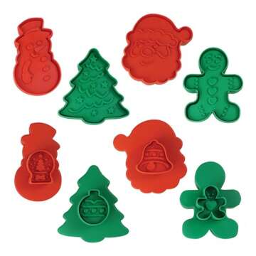 R&M, Christmas Double-Sided Cookie Cutter Stamper Set of 4, Assorted Designs and Sizes, Christmas Tree, Snowman, Santa, Gingerbread Man, Green and Red