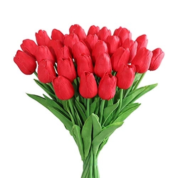 Kisflower 30Pcs Latex Tulips Real Touch Red Artificial Flowers Fake Tulips Arrangement Bouquet for H...