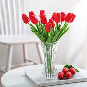 Kisflower 30Pcs Real Touch Red Faux Tulips for Decor