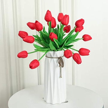 Kisflower 30Pcs Real Touch Red Faux Tulips for Decor