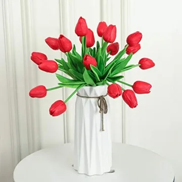 Kisflower 30Pcs Real Touch Red Faux Tulips for Decor
