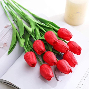 Kisflower 30Pcs Real Touch Red Faux Tulips for Decor