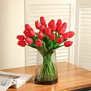 Kisflower 30Pcs Real Touch Red Faux Tulips for Decor
