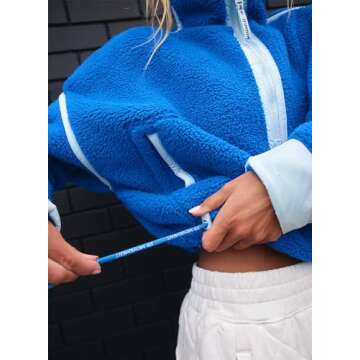 Kumufenc Women's Fleece Sweatshirts Half Zip Pullover Long Sleeve Oversized Workout Crop Tops Hoodie with Pocket(Blue,M)