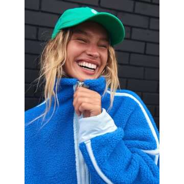 Kumufenc Women's Fleece Sweatshirts Half Zip Pullover Long Sleeve Oversized Workout Crop Tops Hoodie with Pocket(Blue,M)